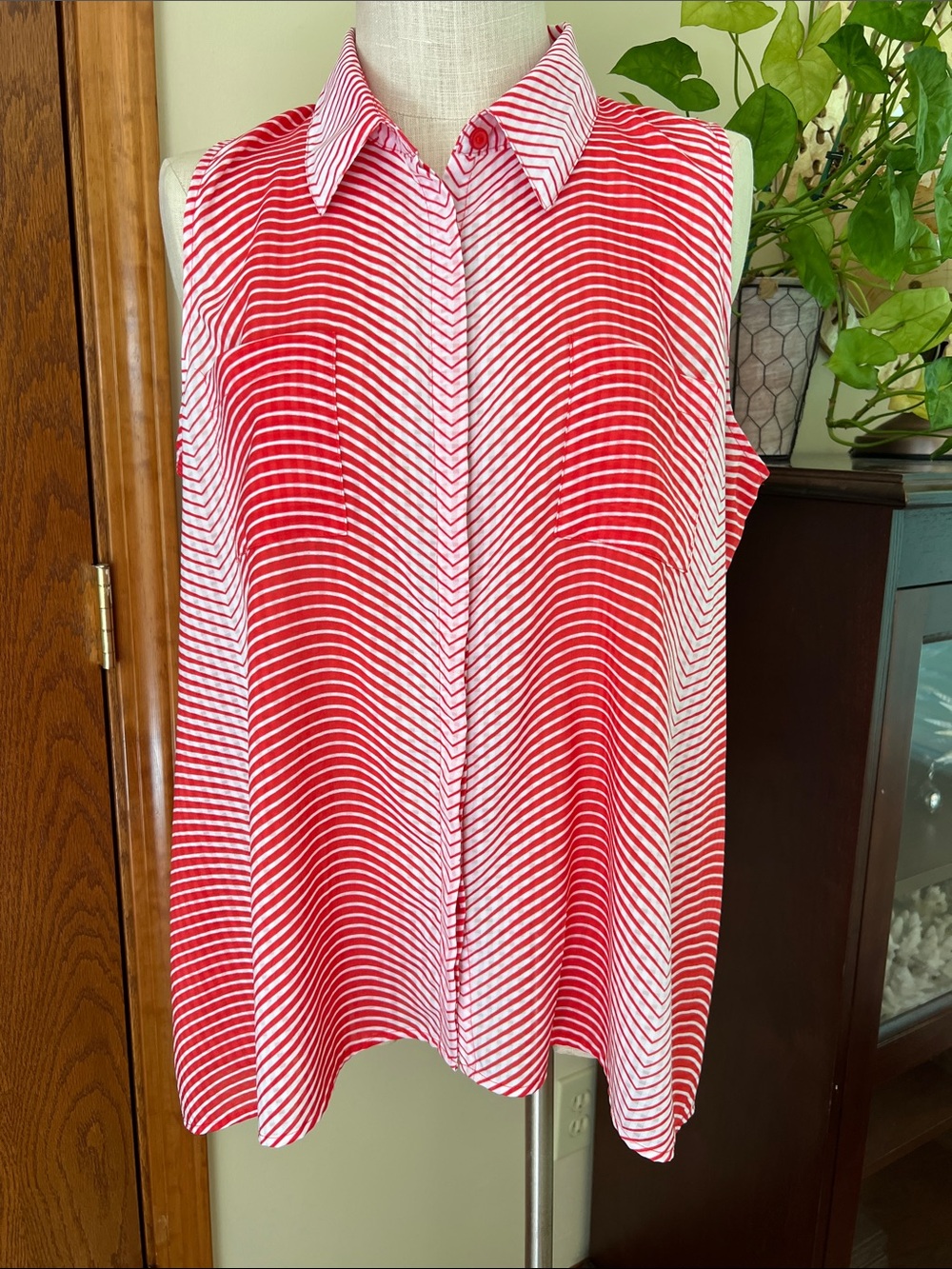 Notations Red & White Striped Sleeveless Collared Blouse